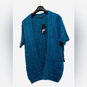 BCBGMAXAZRIA CARDIGAN CHUNKY CONFETTI KNIT SWEATER OPEN FRONT BLUE COLOR SIZE M